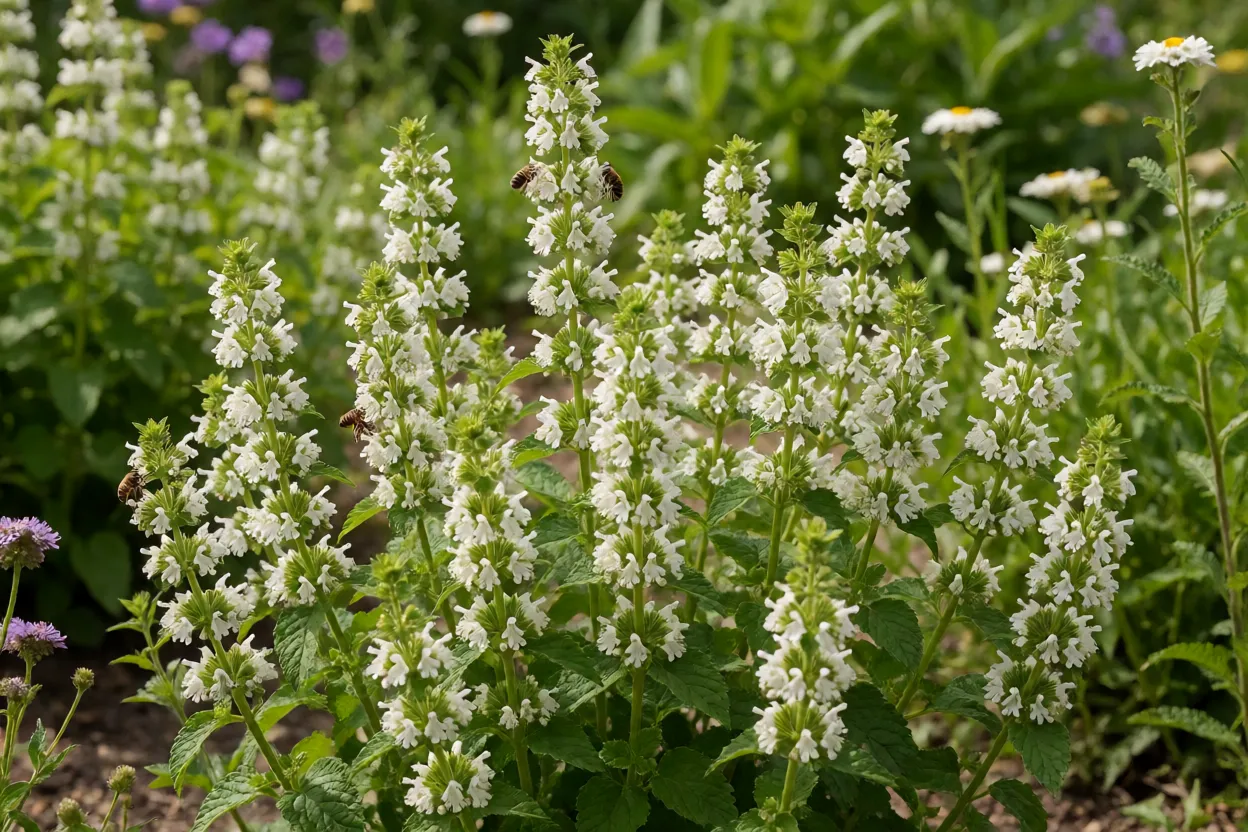 Flores pequenas brancas da erva-cidreira nas axilas das folhas com abelhas