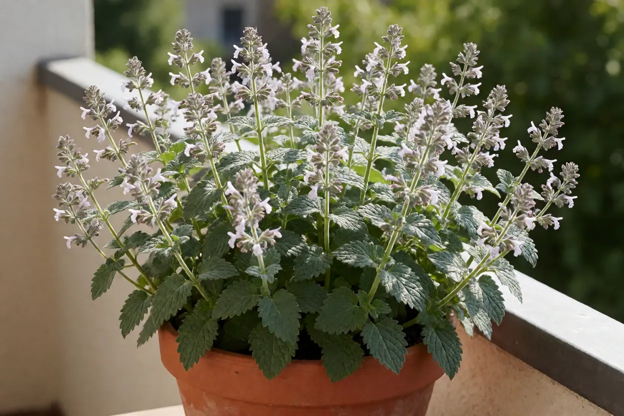Erva-de-gato Nepeta cataria adulta em vaso de barro com flores brancas e lilás