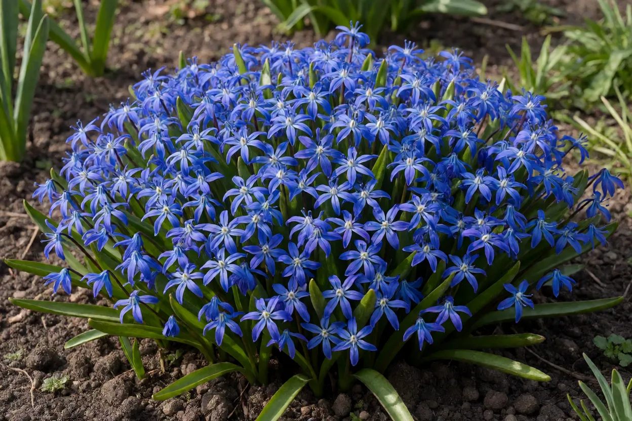 Tapete de escila Scilla siberica florida com flores azul-cobalto em canteiro de jardim