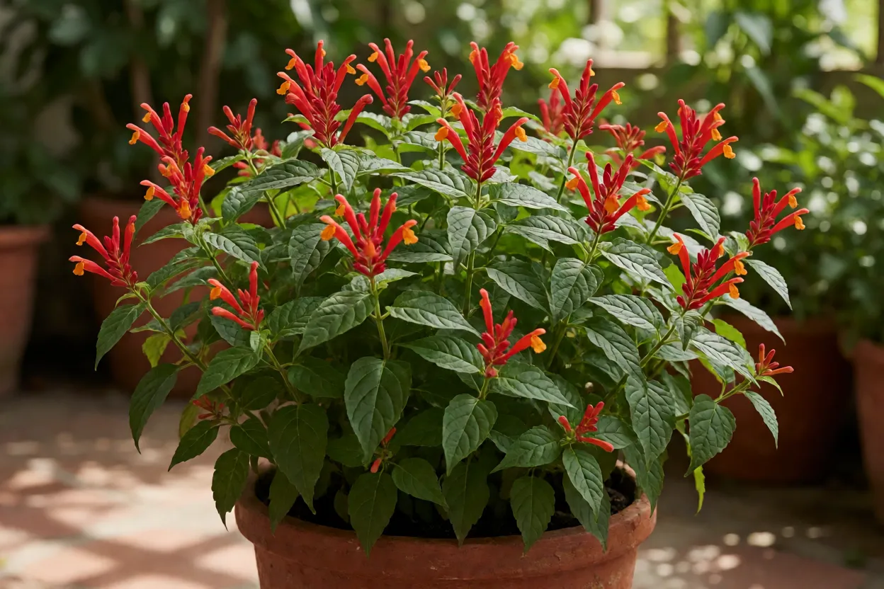Escutelária-da-costa-rica adulta em vaso de barro com espigas vermelho-escarlate