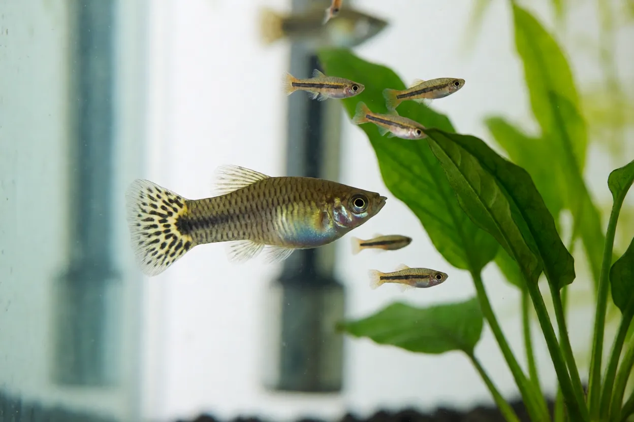 Fêmea de peixe Espada com filhotes recém-nascidos entre plantas