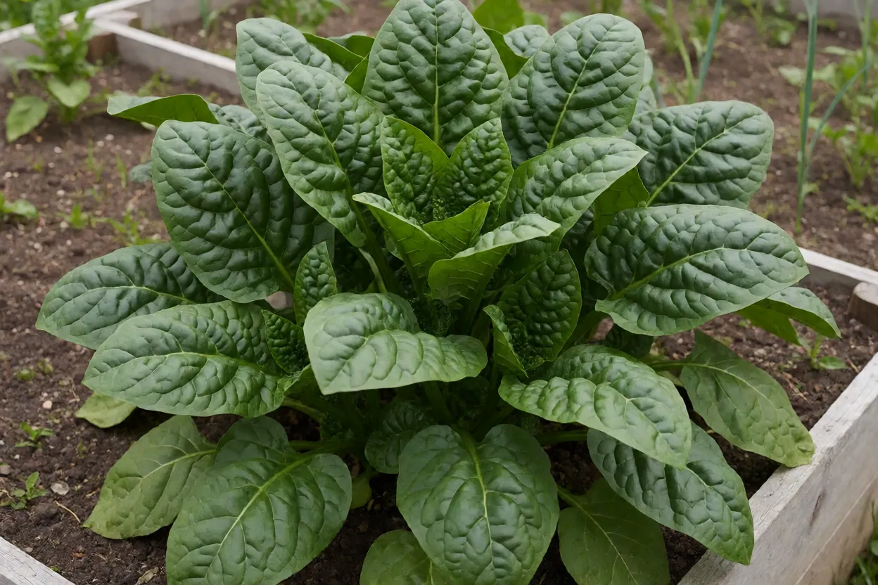Plantação de espinafre verdadeiro com rosetas verde-escuras em canteiro elevado