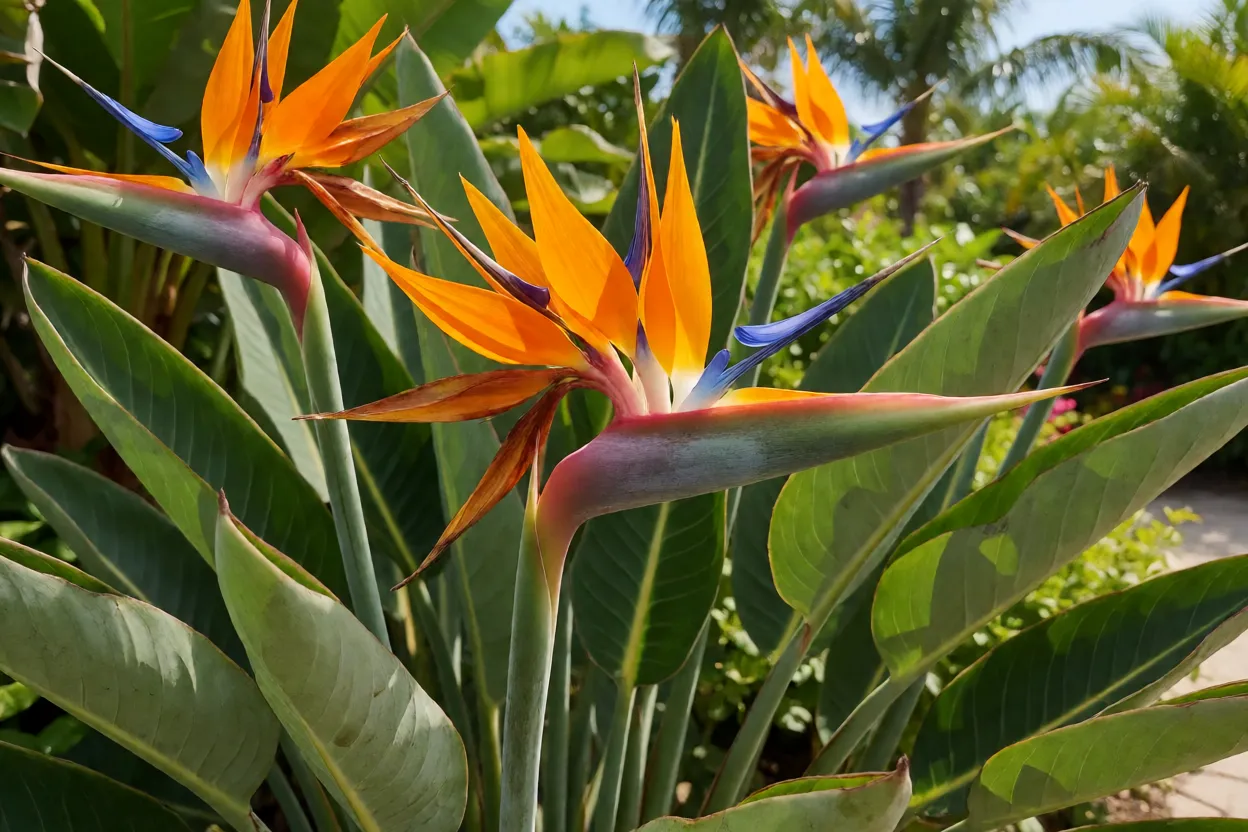 Estrelícia Strelitzia reginae florida em jardim ensolarado com flores laranja e azul