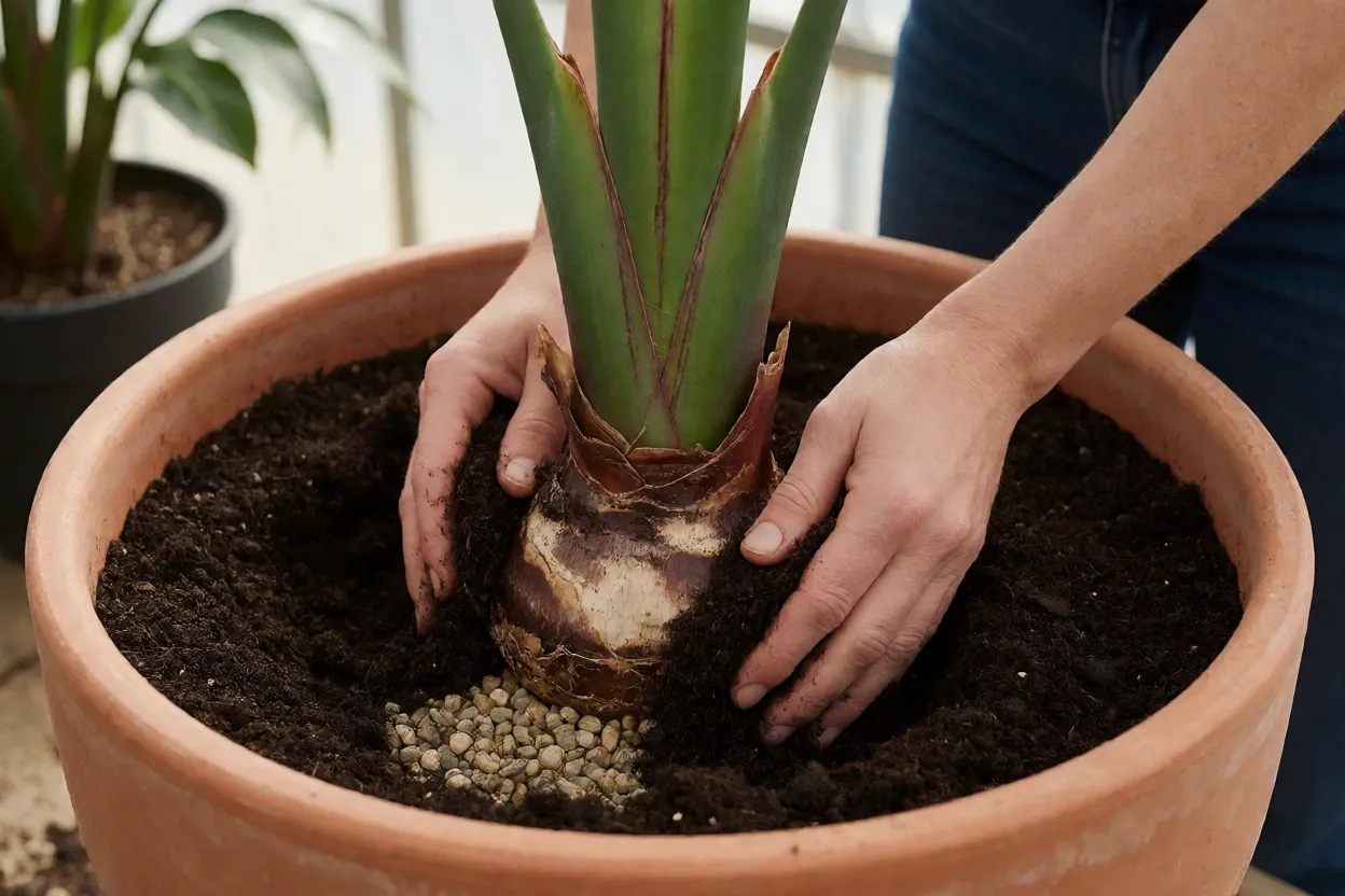 Plantio de muda de estrel&iacute;cia em vaso com drenagem adequada