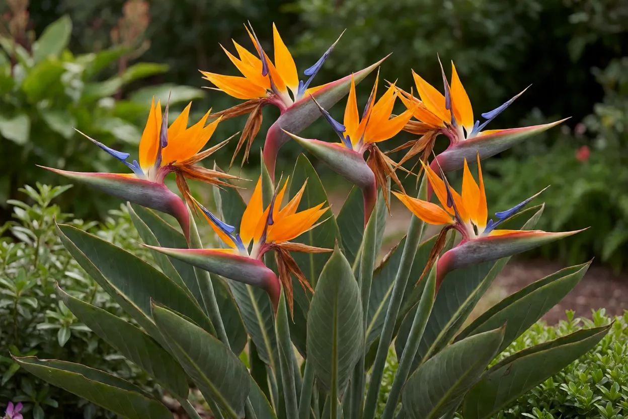 Estrel&iacute;cia adulta em flora&ccedil;&atilde;o plena no jardim