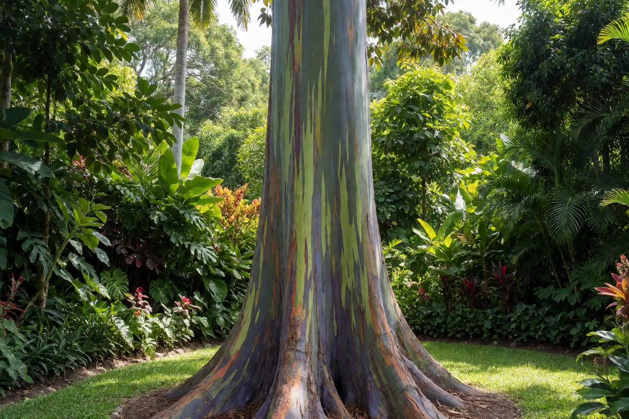 Eucalipto arco-íris adulto de porte grande com tronco multicolorido em jardim tropical