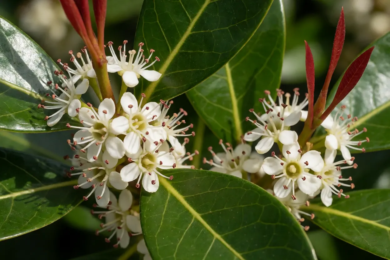 Folhas brilhantes e flores brancas com muitos estames da Eugênia