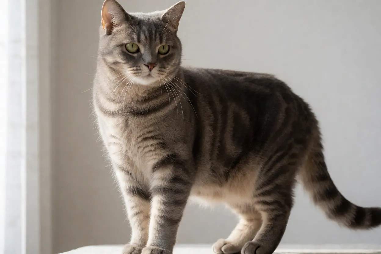 Gato Europeu de Pelo Curto adulto de corpo inteiro com pelagem tigrada cinza