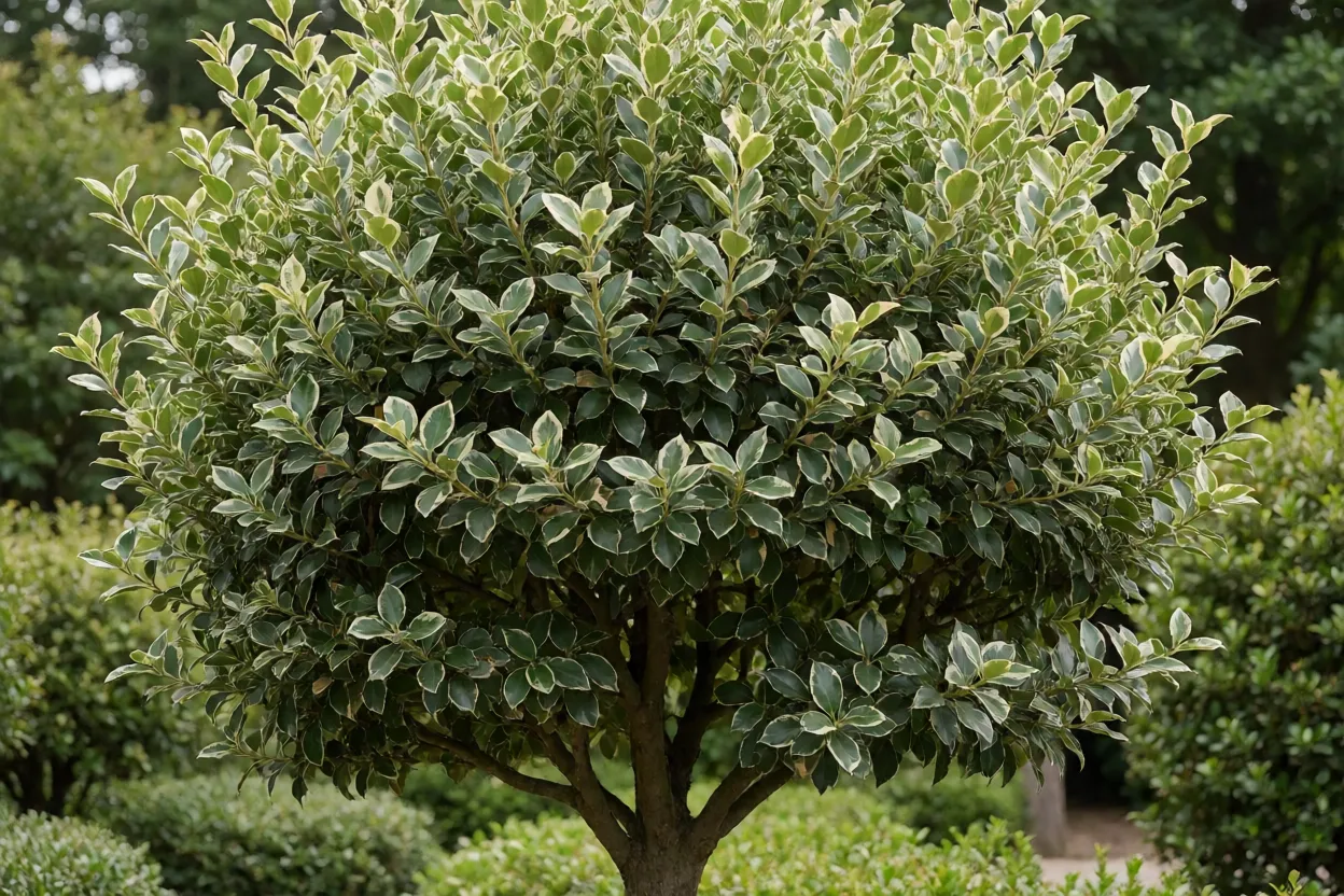 Evônimo Evônimo adulto como arvoreta pequena com copa densa e folhagem variegada