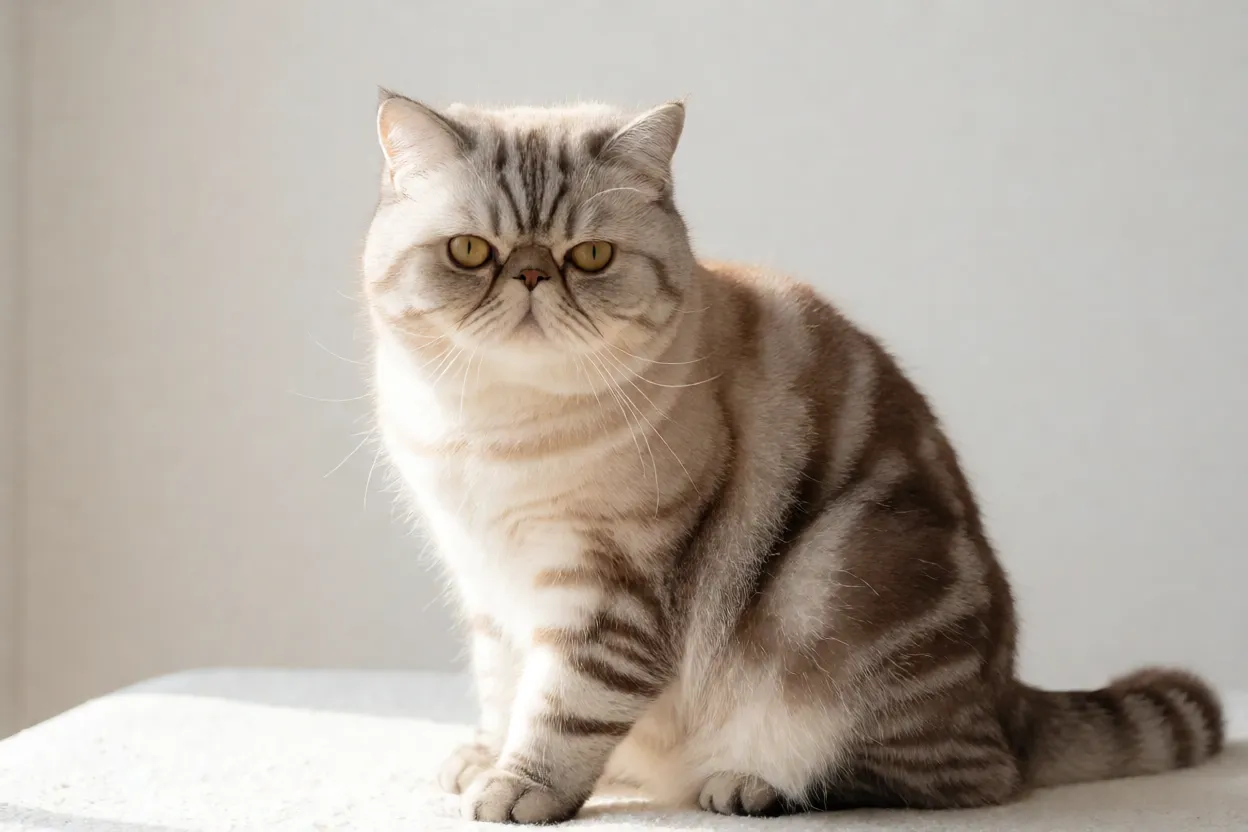 Gato Exótico de Pelo Curto adulto de corpo inteiro com pelagem creme tabby felpuda