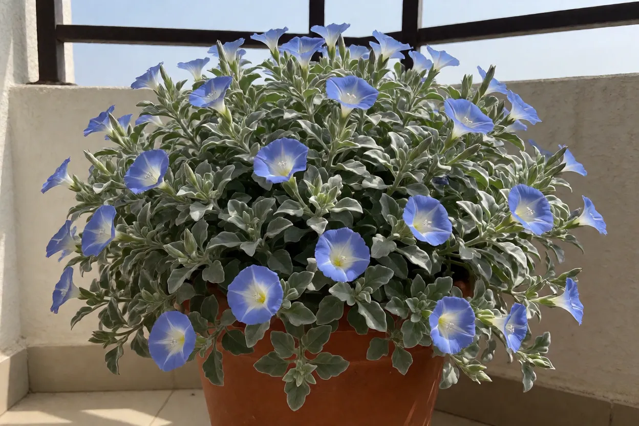 Fada-azul adulta em vaso de barro com flores azuis em sol pleno