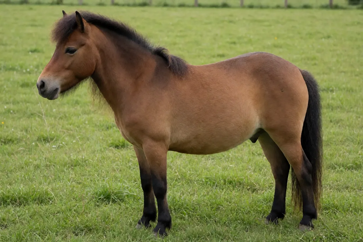 Cavalo Falabella adulto de pelagem baia em vista lateral no pasto