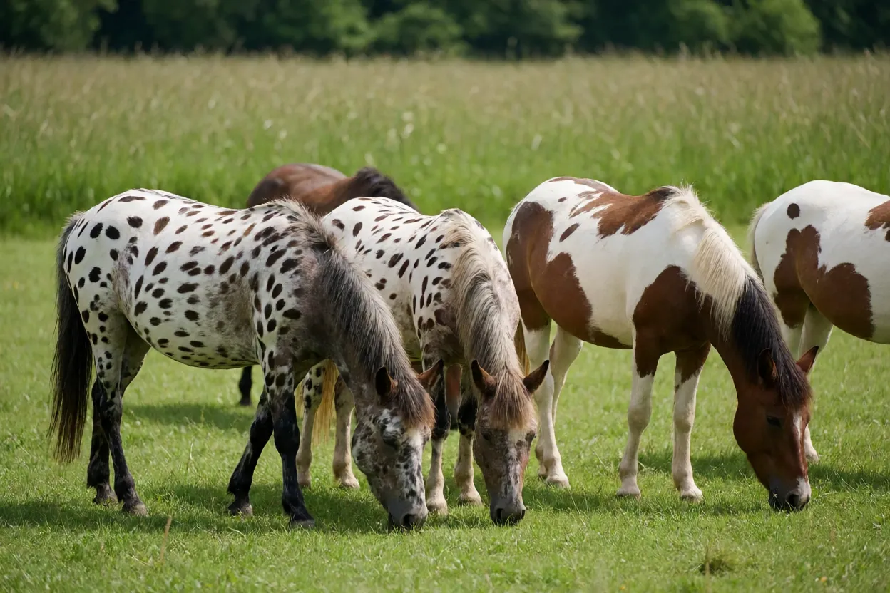 Grupo de cavalos Falabella de várias pelagens pastando juntos