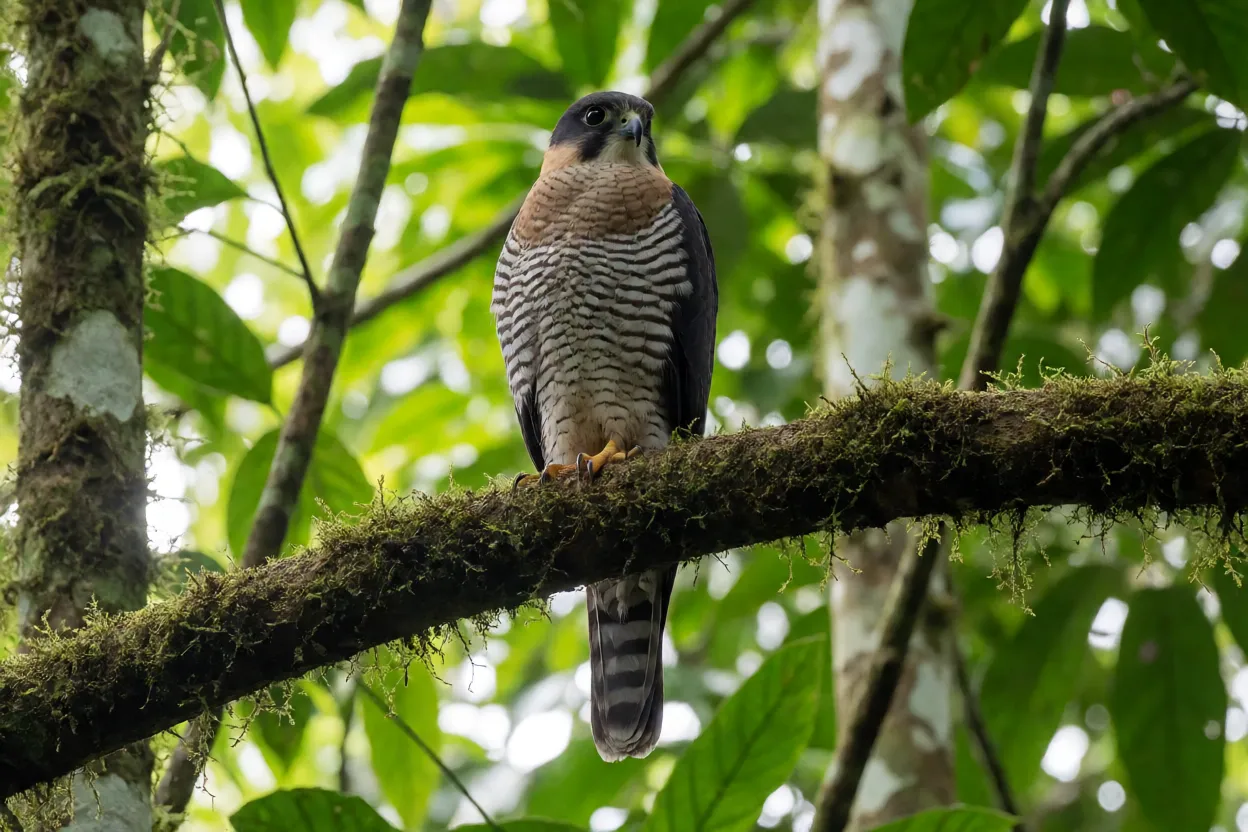 Falcão-de-coleira adulto empoleirado em galho dentro de floresta densa