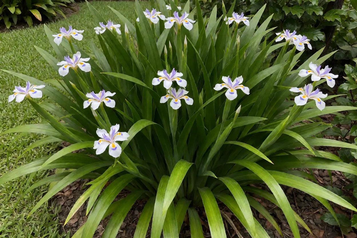 Falso-íris adulto em canteiro com touceira de folhas em forma de espada e flores brancas com centro roxo e amarelo