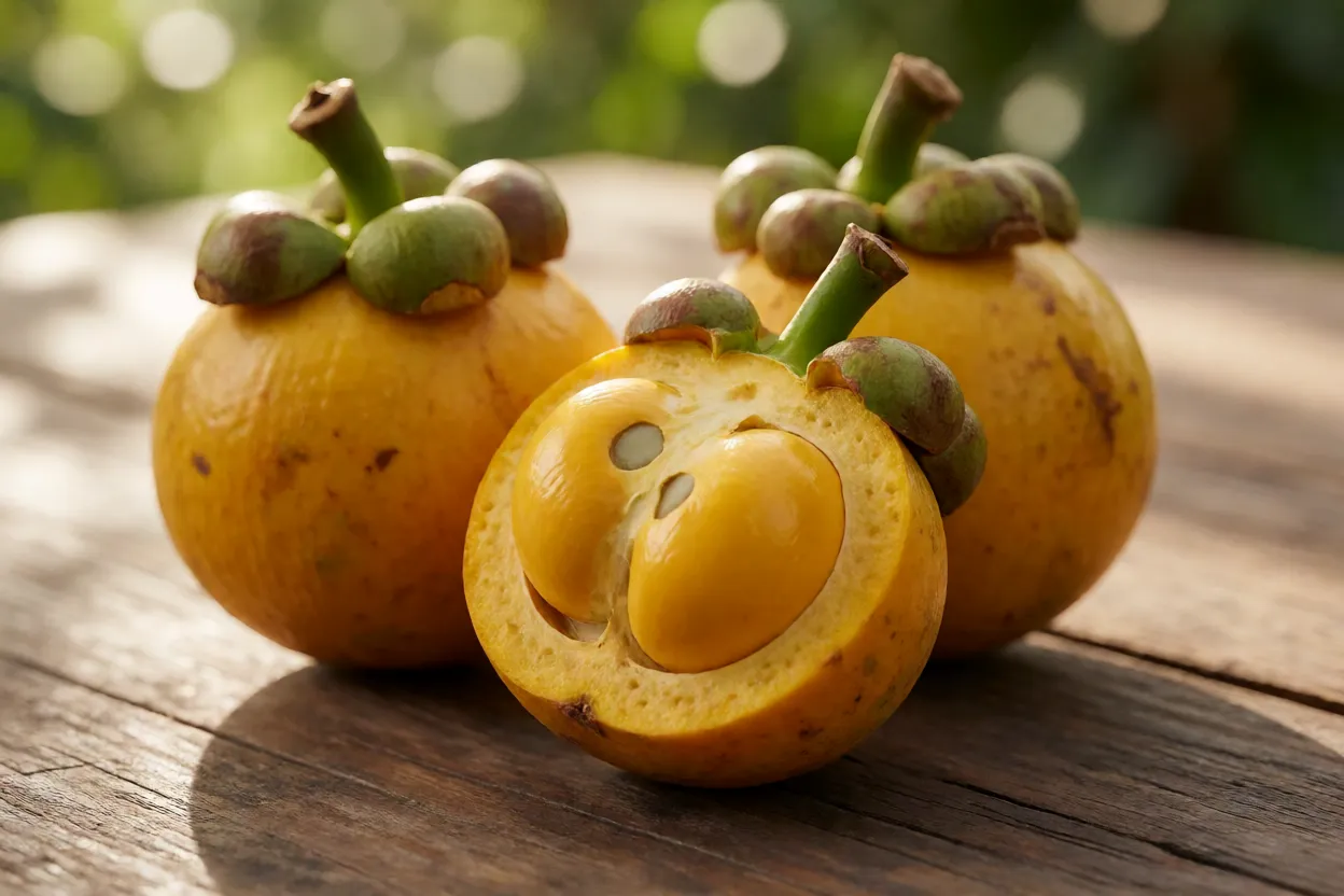 Frutos de falso-mangostão inteiros e cortado ao meio mostrando polpa amarelo-alaranjada