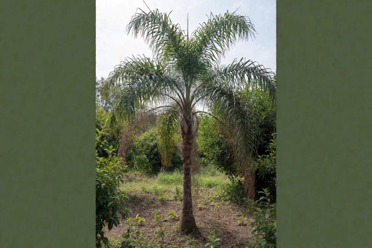 Palmeira-fênix adulta vista por completo no jardim com tronco fino e copa arqueada