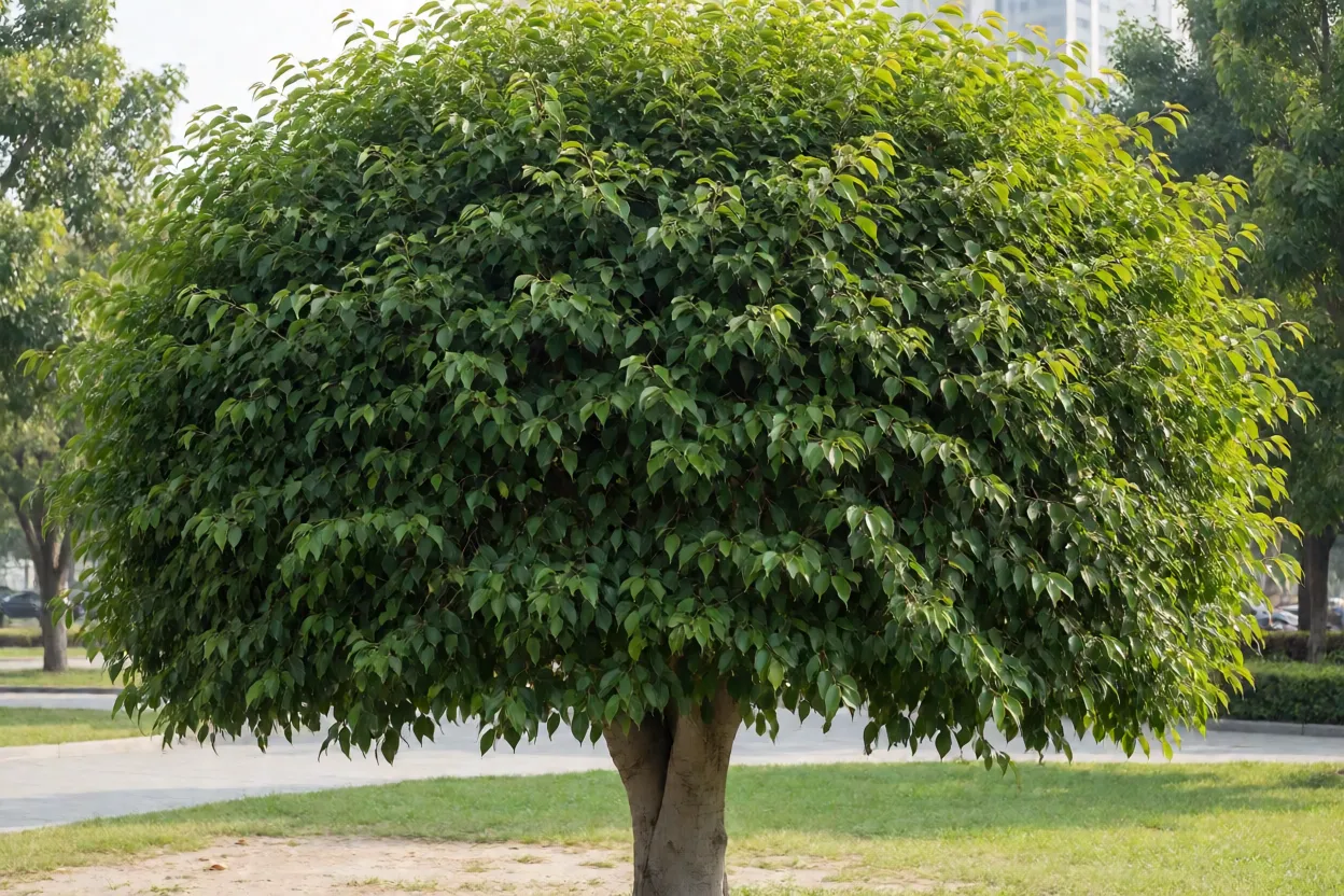 Ficus benjamina adulto com copa densa e arredondada em parque urbano