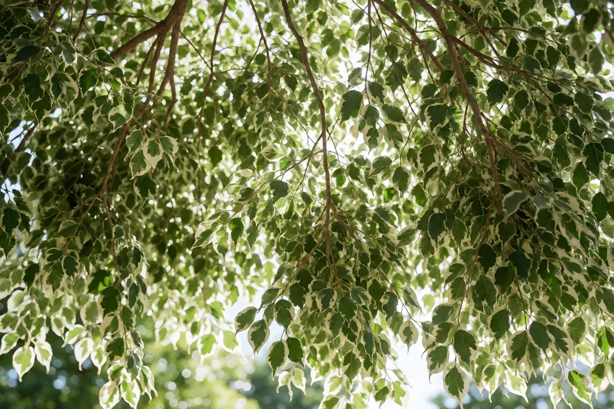 Copa da Ficus benjamina variegata vista por baixo