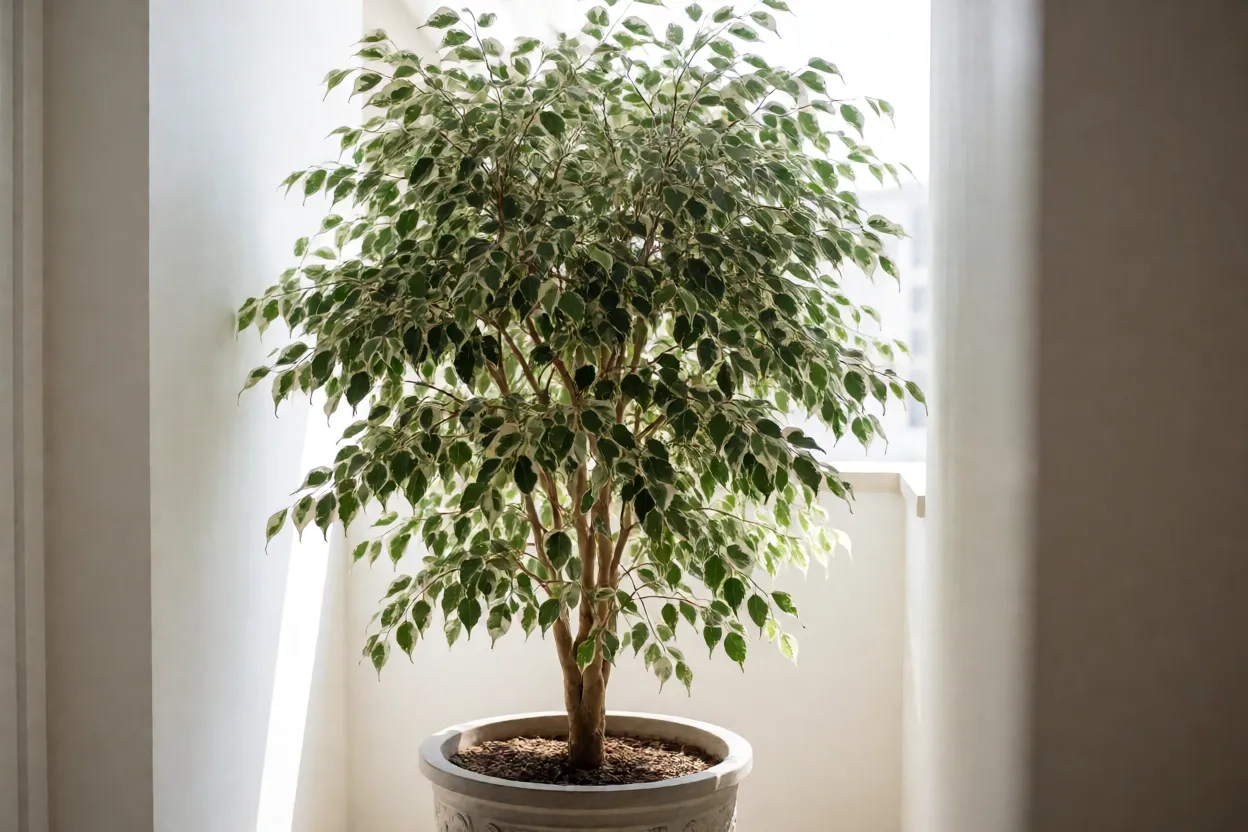 Ficus benjamina variegata em vaso grande em varanda luminosa