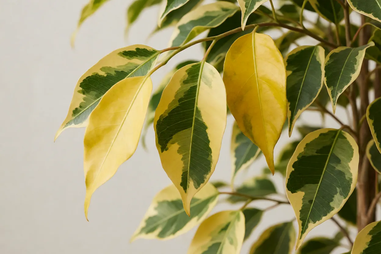 Folhas amarelas e caindo do Ficus Benjamina Variegata indicando estresse