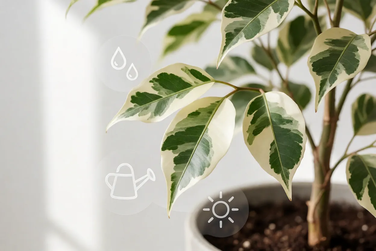 Resumo visual das necessidades de cultivo do Ficus Benjamina Variegata