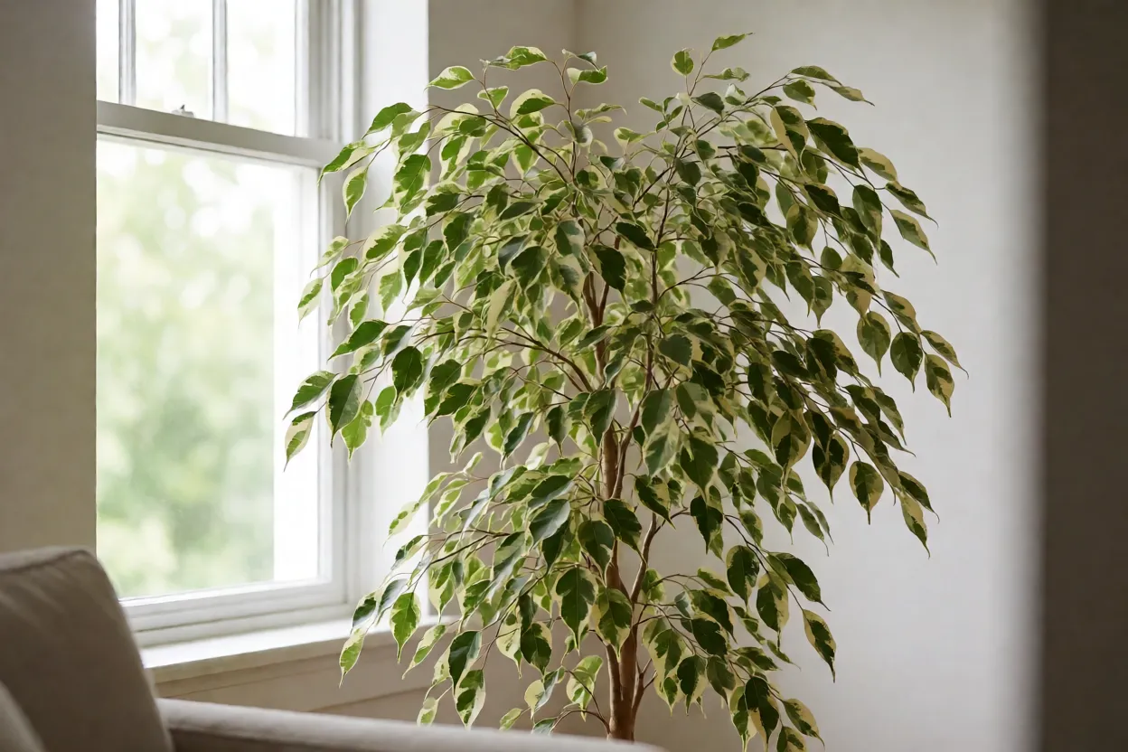 Ficus Benjamina Variegata em sala bem iluminada perto de janela