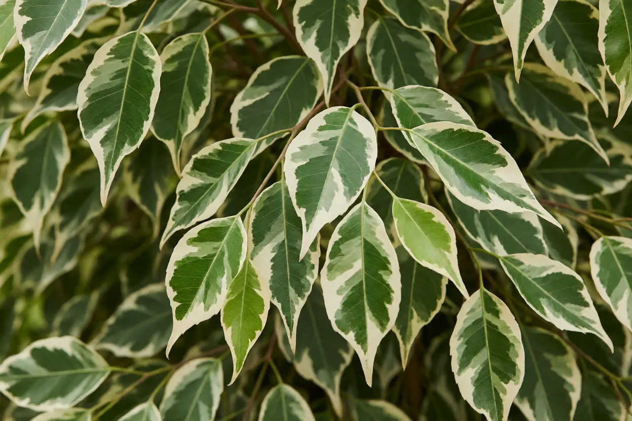 Detalhe das folhas variegadas do Ficus Benjamina mostrando bordo branco irregular