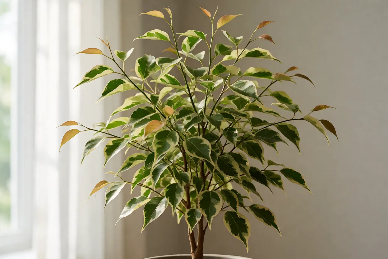 Ficus Benjamina Variegata jovem mostrando novos brotos e crescimento vertical