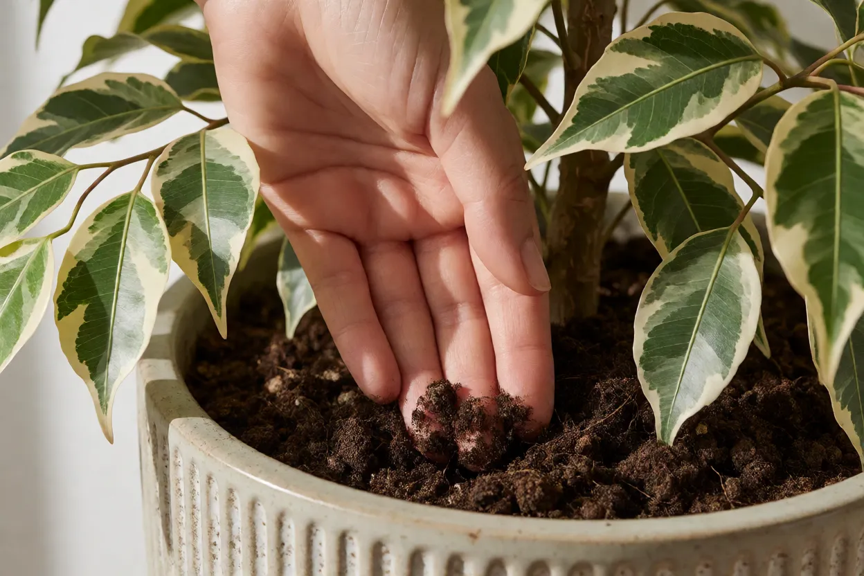 M&atilde;o verificando umidade do substrato de um Ficus Benjamina Variegata