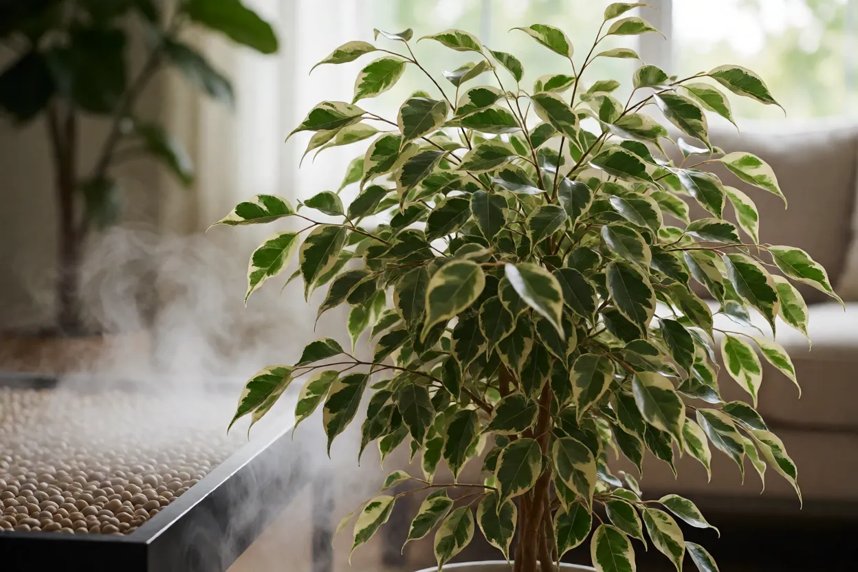 Ficus Benjamina Variegata em ambiente interno com umidade adequada