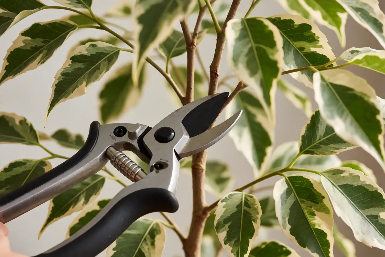 Poda de ramos do Ficus Benjamina Variegata com tesoura de jardinagem
