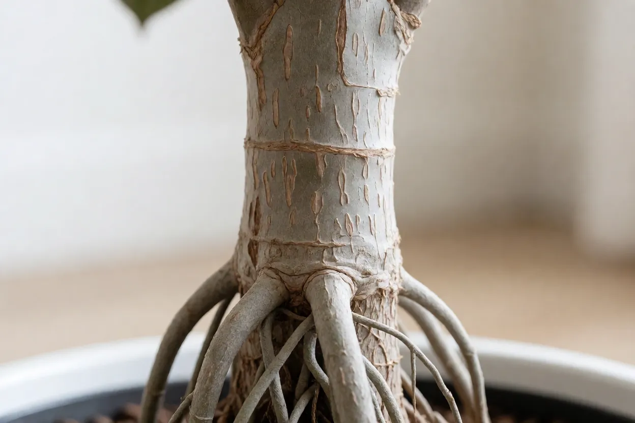 Tronco claro e liso da Ficus elastica com lenticelas
