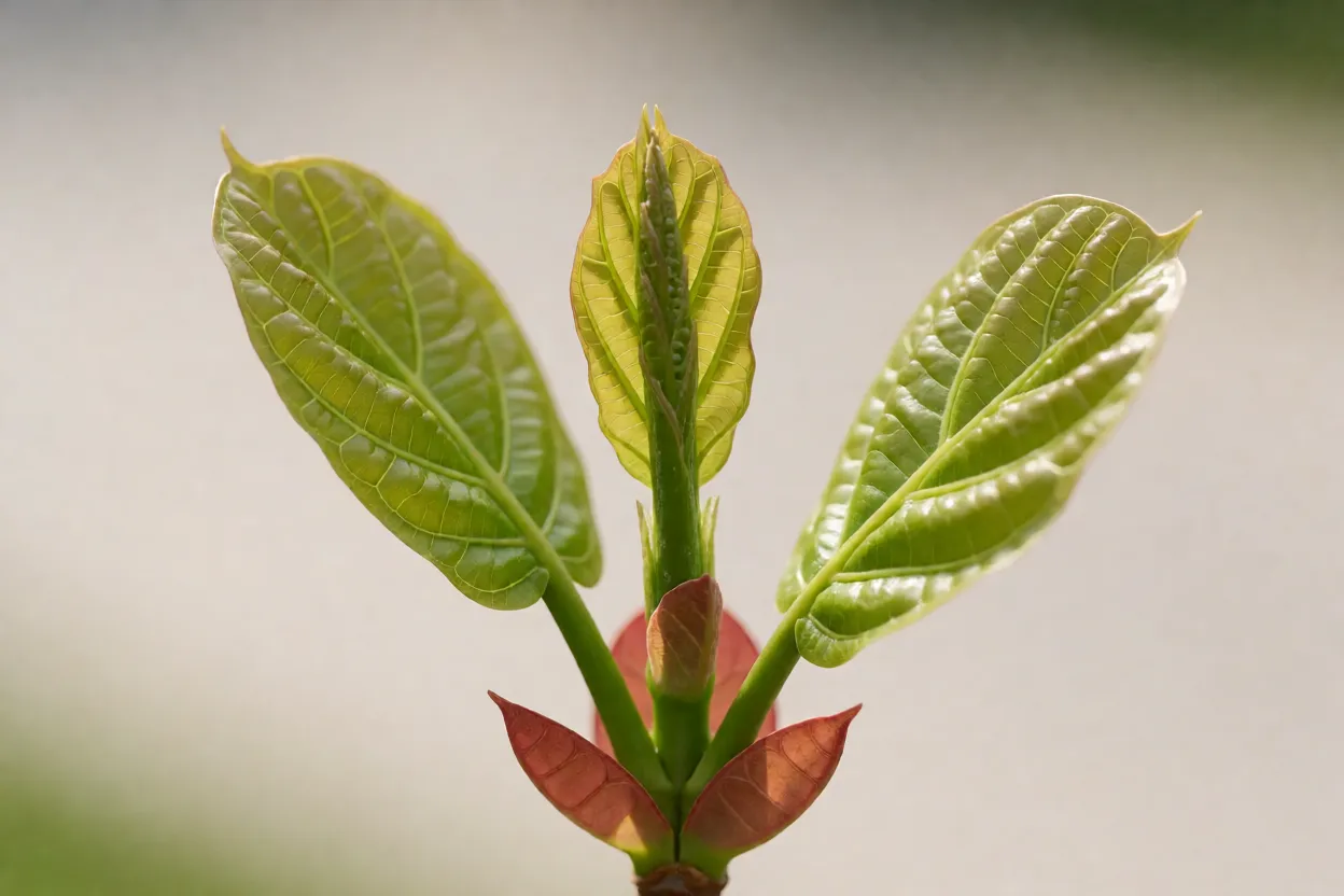 Folhas novas da Ficus-lira ainda enroladas com estípula avermelhada
