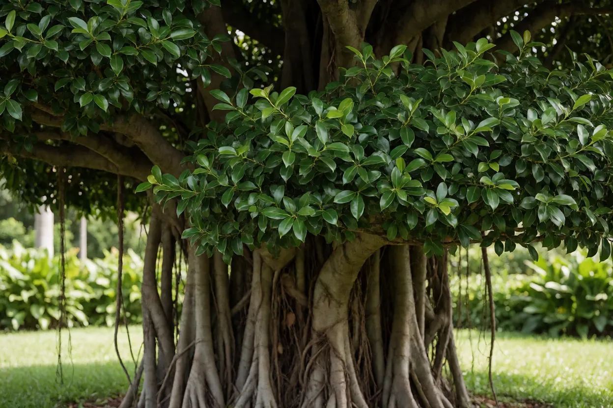 Ficus microcarpa adulto com folhas brilhantes e ra&iacute;zes expostas