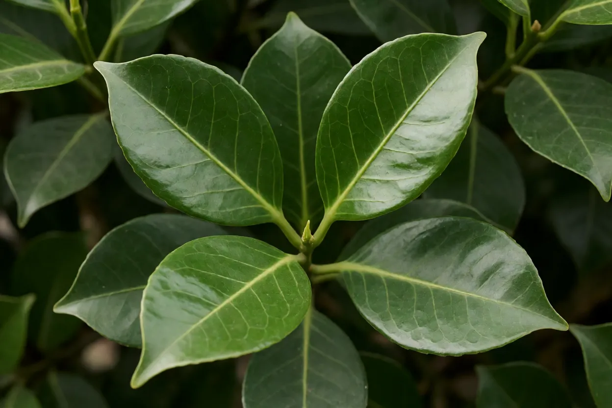Folhas el&iacute;pticas e brilhantes do Ficus microcarpa em detalhe