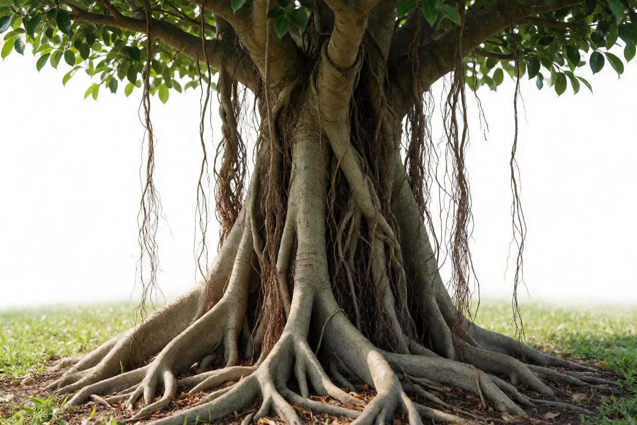 Ra&iacute;zes a&eacute;reas e base engrossada de Ficus microcarpa ginseng