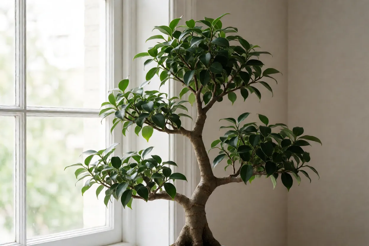Ficus microcarpa posicionado perto de janela com luz indireta intensa