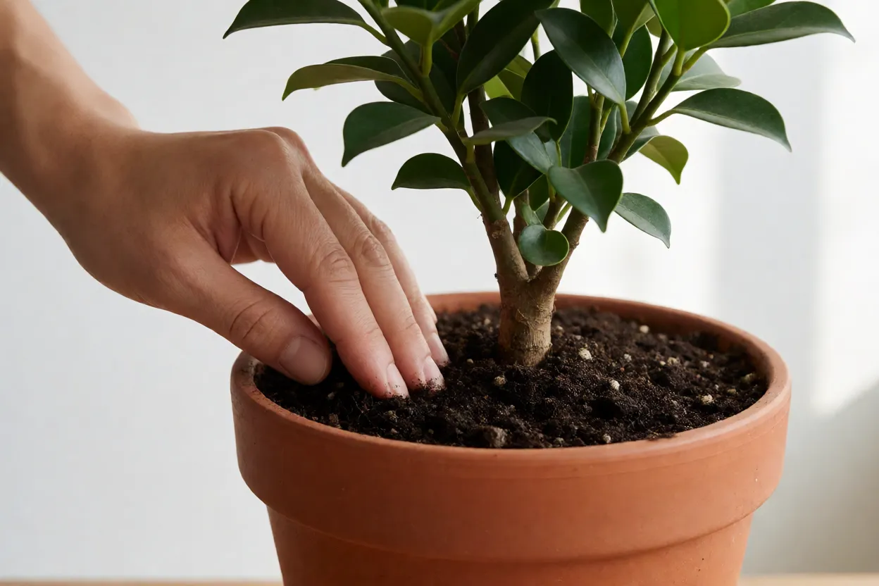 M&atilde;o verificando umidade do substrato de Ficus microcarpa