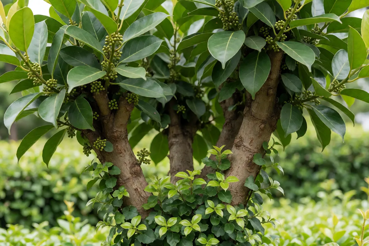 Ramos adultos de Ficus pumila com folhas grandes e figos