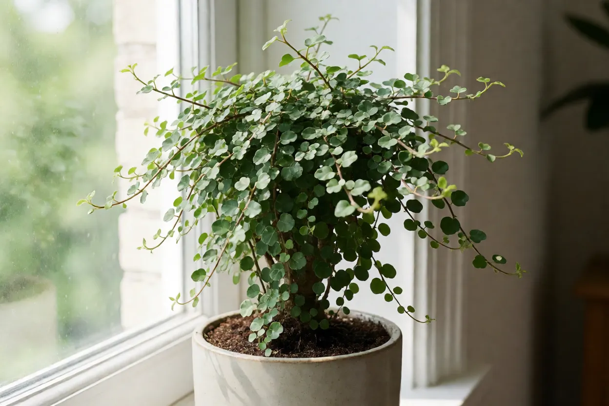 Ficus pumila em vaso perto de janela com luz filtrada