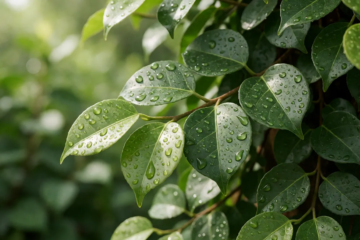 Folhas de Ficus pumila saud&aacute;veis com umidade adequada