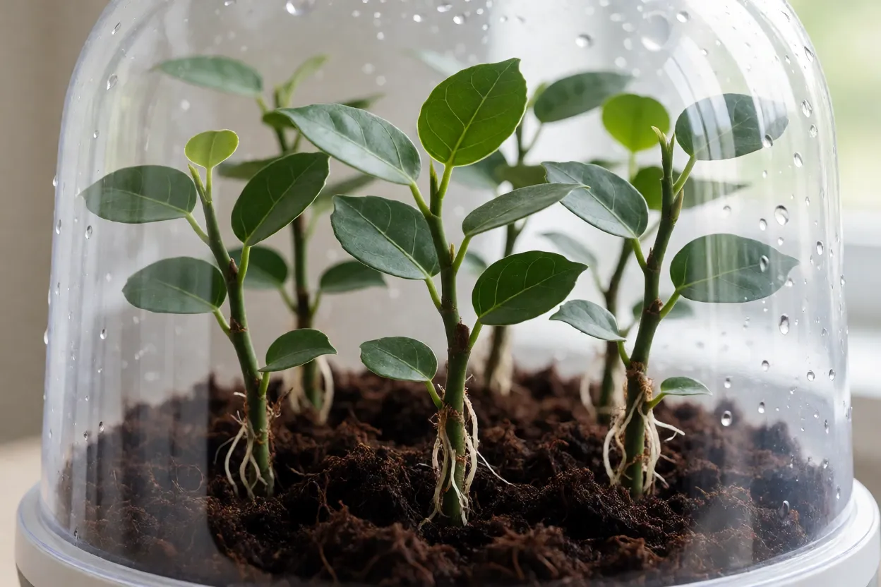 Estacas de Ficus pumila enraizando em vaso