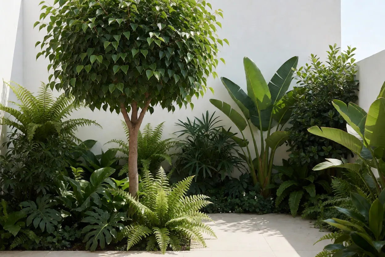 Ficus triangular em jardim pequeno com paisagismo tropical