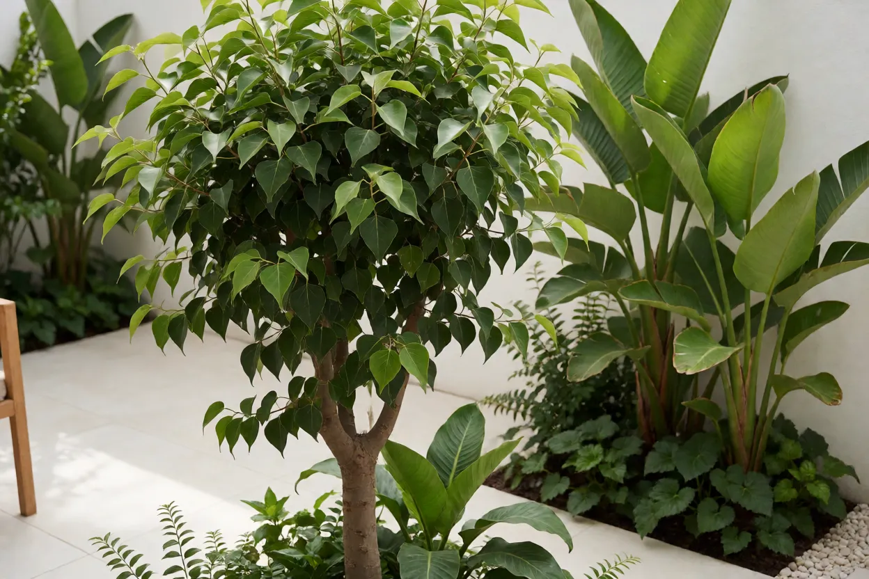 Ficus triangular em jardim pequeno com paisagismo tropical