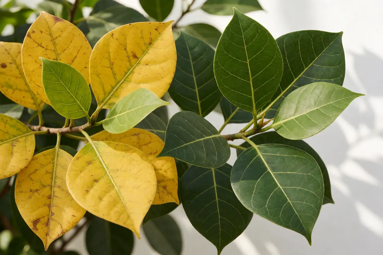 Folhas de Ficus triangular com sinais de problemas comuns