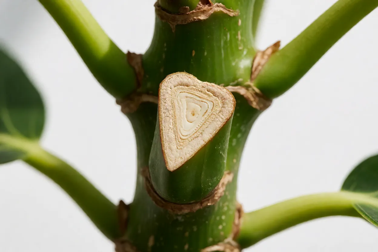Seiva leitosa do Ficus triangular em corte de caule