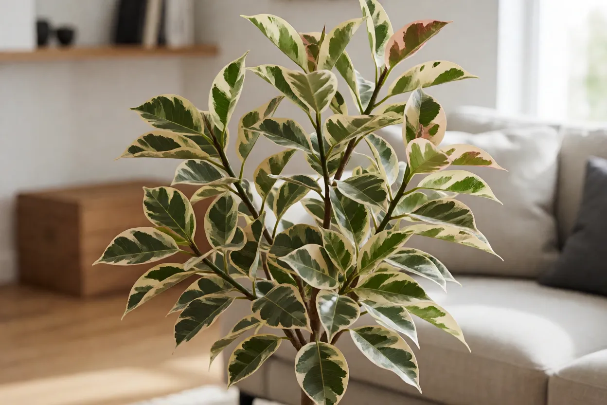 Ficus triangular variegado em destaque em sala de estar