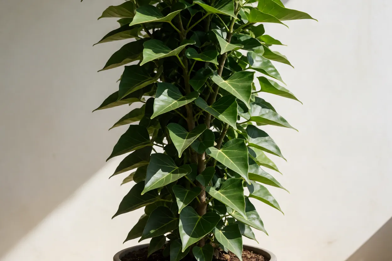 Ficus triangular adulto em vaso mostrando porte vertical e folhagem densa