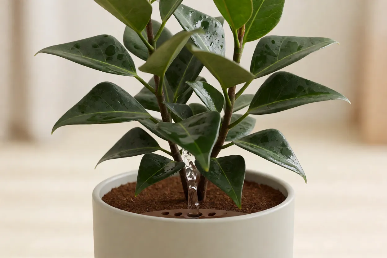 Rega adequada do Ficus triangular mostrando substrato &uacute;mido mas n&atilde;o encharcado